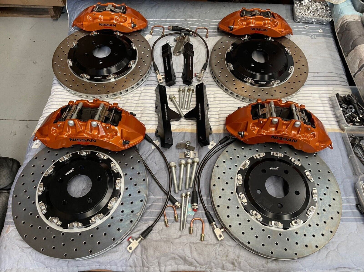 R35 GTR Brake Adapter Kit (V4) to Suit Skyline R32, R33, R34 – Cross Drilled Rotors